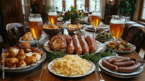 Festive table setting with hearty dishes and refreshing beverages for a celeb...