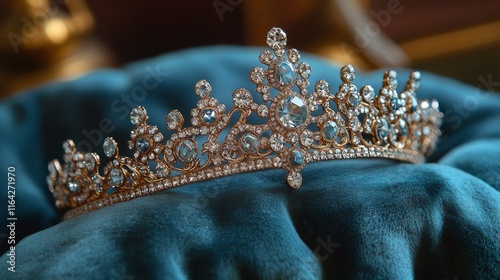 Elegant tiara with intricate design displayed on a cushion during a gala even...