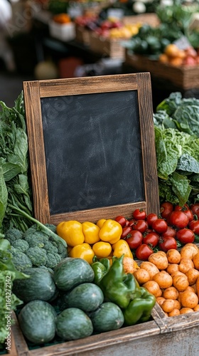 Fresh vegetables displayed at a local market with a chalkboard sign and vibra...