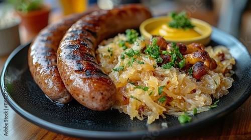 Savory grilled sausages served with sauerkraut and mustard on a black plate