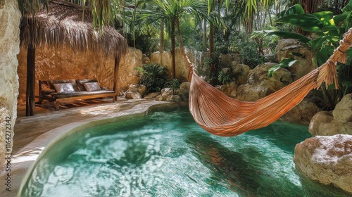 Cozy indoor oasis with a hammock and a serene swimming pool surrounded by lus...