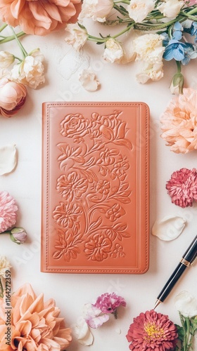 On a lovely table, a beautifully bound book is gracefully surrounded by vibrant flowers and delicate petals, creating an enchanting display. Personalized books or photo albums photo