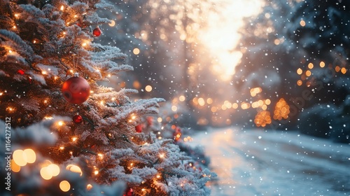 Festive winter path adorned with a Christmas tree and glowing lights in a sno...