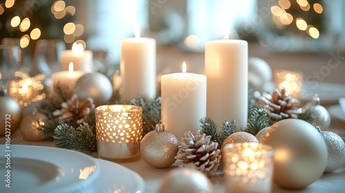 Elegant holiday table setting with candles and greenery creating a warm atmos...