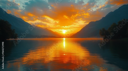 Sunset over a tranquil lake surrounded by mountains in a scenic landscape