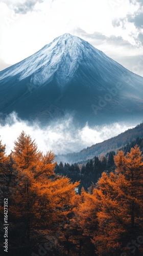 Snow-covered mountain peak rises majestically above the clouds in bright dayl...