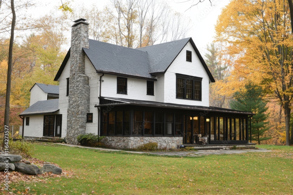 Charming white house with stone accents amidst colorful autumn trees in a serene countryside setting Charming white house with stone accents amidst colorful autumn trees in a serene countryside setting