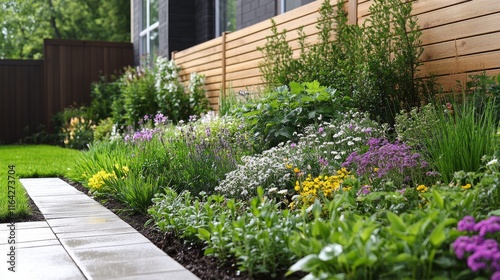 Lush garden pathway with colorful flowers beside a cozy brick house during da...