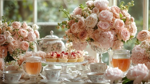 Elegant dessert table with cupcakes and floral arrangements for afternoon tea...