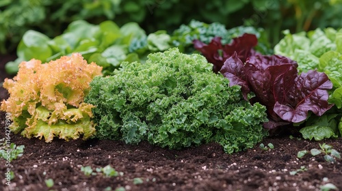 Freshly harvested leafy greens thriving in a garden during early morning light