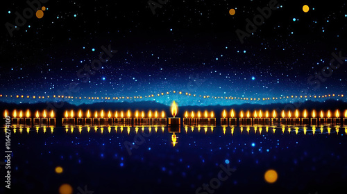 Hanukkah celebrates the miracle with dreidels latkes and community spirit. Serene Night Sky with Reflections and Glowing Candles photo