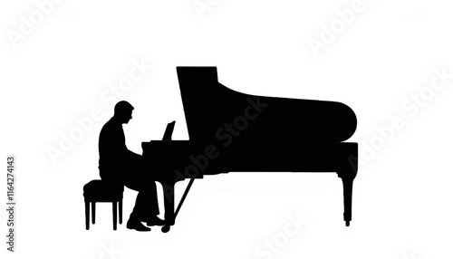 Pianist creating music silhouette against white background
