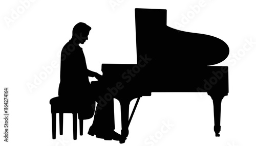 Silhouette of a man playing piano against a white background