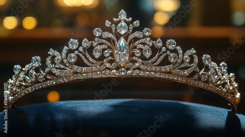 Elegant tiara with intricate design displayed on a cushion during a gala even...