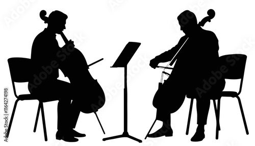 Silhouettes of musicians playing cello against a plain background