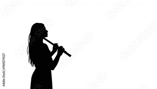 Silhouette of a woman playing a flute against a white background