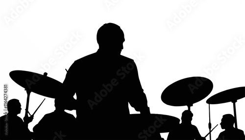 Silhouette of drummers performing against a plain background