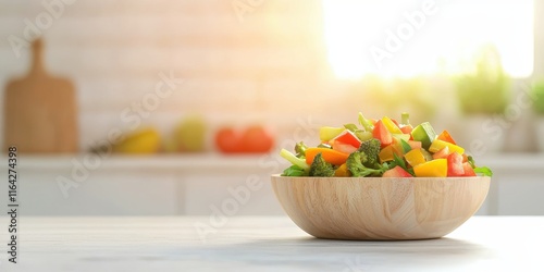 Fresh salad with colorful vegetables in a wooden bowl on a bright kitchen counter.