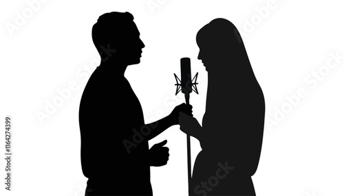 Couple singing duet in silhouette against a white background