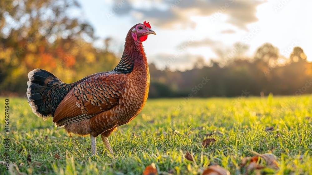 Fototapeta premium Colorful turkey stands proudly in a green field during sunset near trees