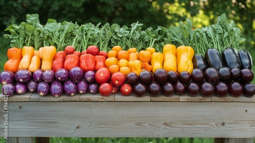Colorful display of fresh vegetables arranged neatly on wooden table outdoors
