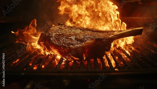 Grilled Tomahawk Ribeye Steak With Flames On Hot Webber Grill: A Smoky And Juicy Delight That Will Leave You Satisfied. photo