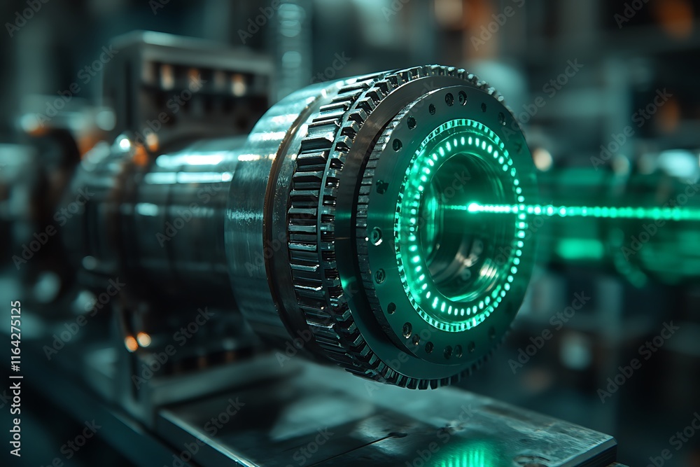 Fototapeta premium Futuristic Industrial Machine with Green Laser Beam: A Close-Up View