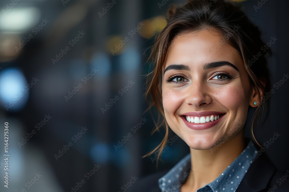 Close portrait of a smiling 40s Uruguayan female IT worker looking at the camera, against dark server room blurred background. Close portrait of a smiling 40s Uruguayan female IT worker looking at the camera, against dark server room blurred background.
