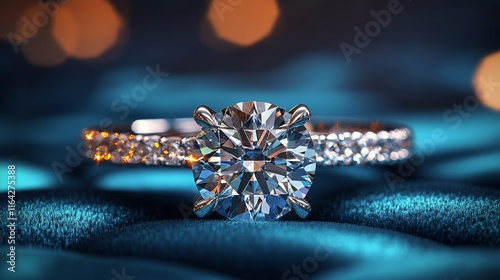 Elegant diamond engagement ring resting on rich red velvet fabric at an intim...