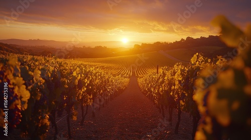Golden sunset over vineyard rows during harvest season in the countryside