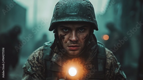 Soldier exploring eerie tunnel under low light in abandoned area