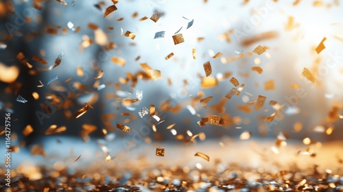Golden confetti falling softly during a celebration in a serene outdoor setti...