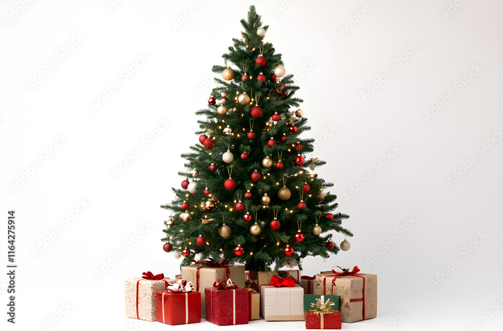 Festive Christmas Tree with Ornaments and Gift Boxes Isolated on White Background. AI generative. Festive Christmas Tree with Ornaments and Gift Boxes Isolated on White Background. AI generative.
