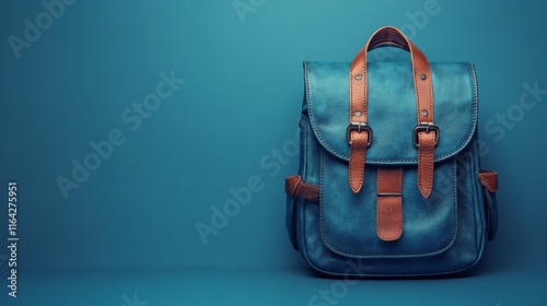 Stylish blue backpack on a vibrant turquoise background showcasing modern acc...