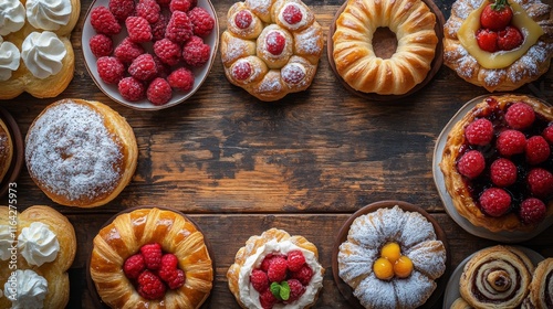 Selection of assorted pastries and desserts displayed on wooden boards in a r...