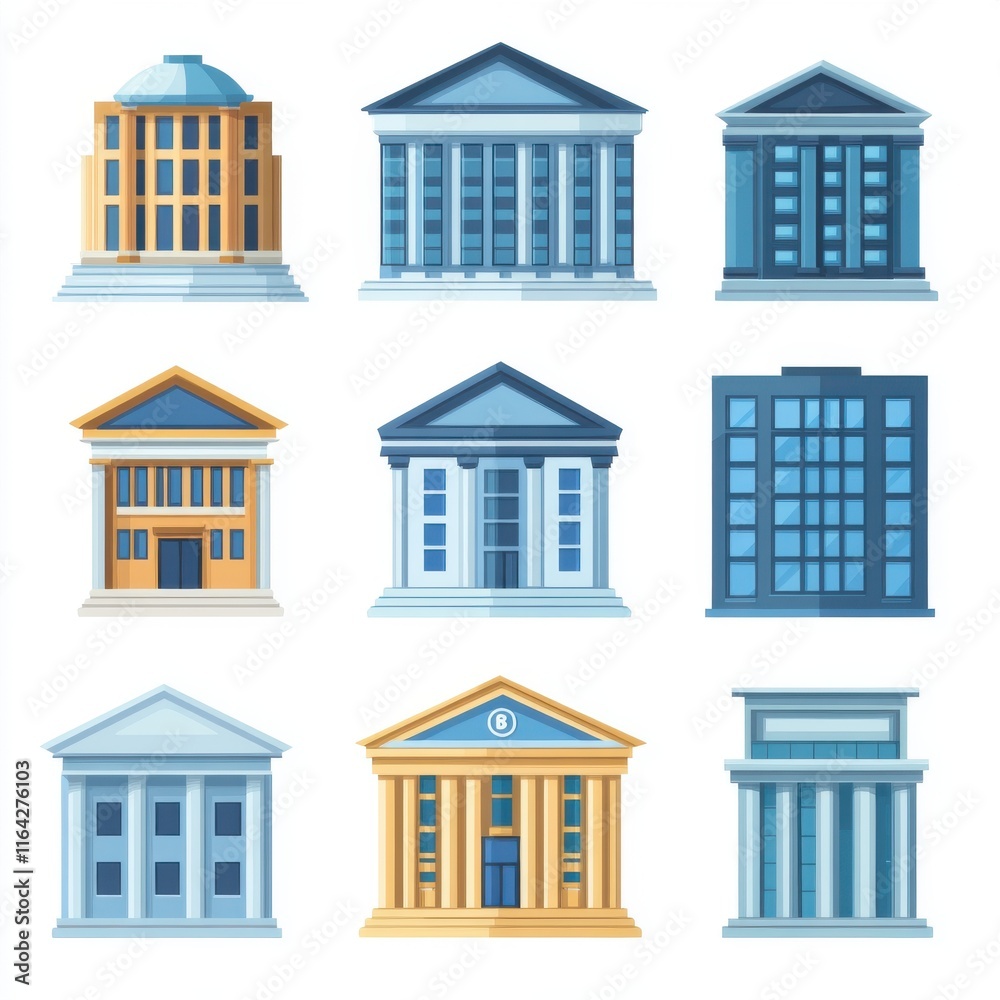Fototapeta premium A collection of nine diverse architectural styles of buildings, showcasing various colors and designs.