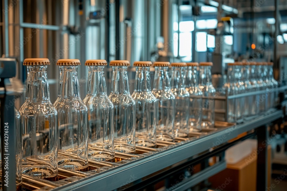Bottling process showcasing sparkling glass containers in a vibrant factory setting Bottling process showcasing sparkling glass containers in a vibrant factory setting