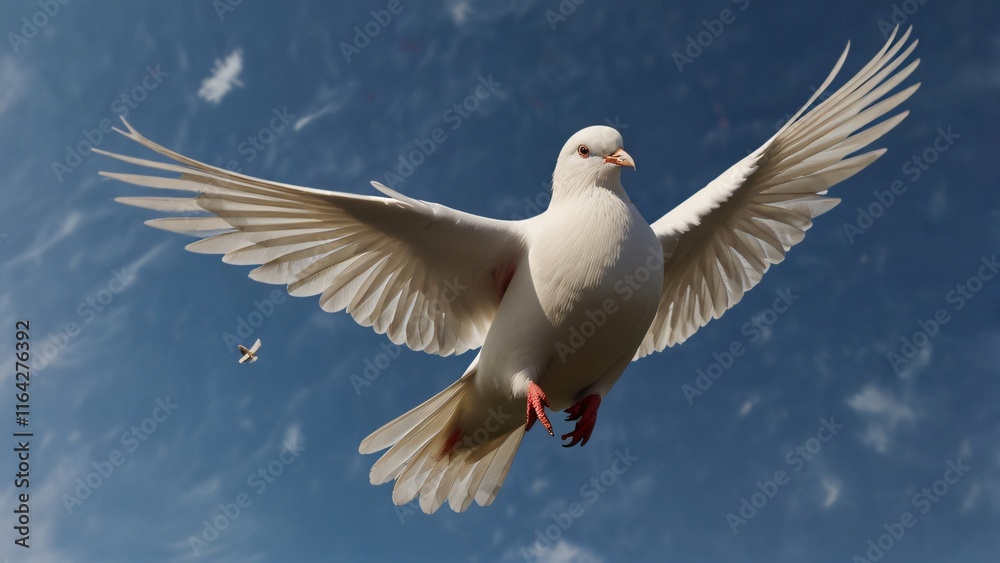 Fototapeta premium A graceful white dove in mid-flight, wings spread wide against a tranquil blue sky, symbolizing peace and harmony.