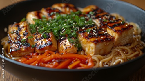 Grilled tofu served on noodles with vegetables and sesame seeds garnished for...