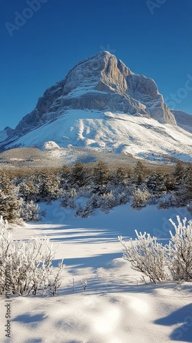 Snow-capped mountain under clear blue sky with golden grass in foreground nea...