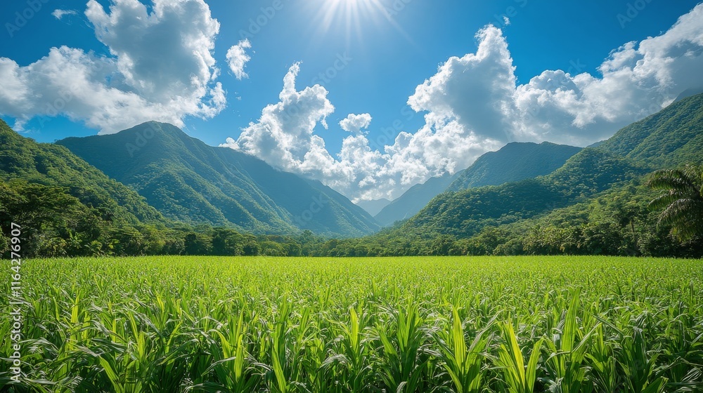 Lush sugarcane field against a dramatic mountain backdrop in tropical setting during daytime Lush sugarcane field against a dramatic mountain backdrop in tropical setting during daytime