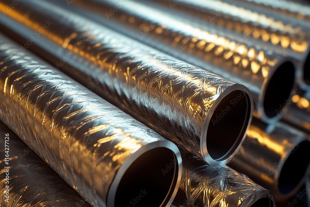 Naklejka premium Metallic pipes gleaming in bright light showcase industrial craftsmanship and precision