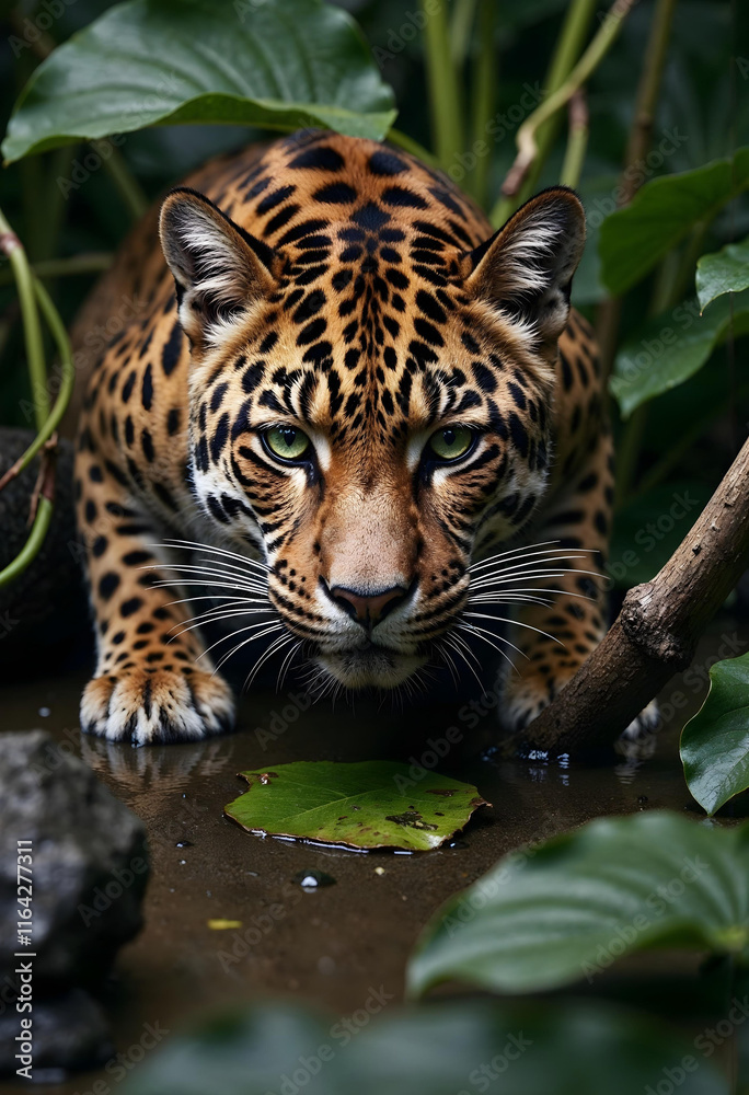 Obraz premium Leopard stalking prey in dense jungle