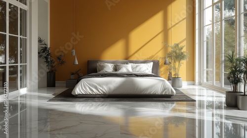 Bright and spacious bedroom with modern decor and large windows in a cozy home
