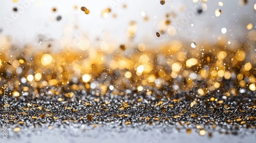 Golden confetti falling softly during a celebration in a serene outdoor setti...