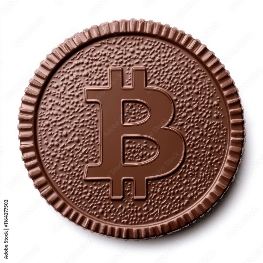 A large, round chocolate coin featuring a Bitcoin symbol, symbolizing cryptocurrency and indulgence.
