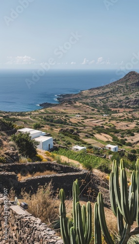 Serene panoramic view of pantelleria s iconic dammusi amidst lush vegetation and earthy tones