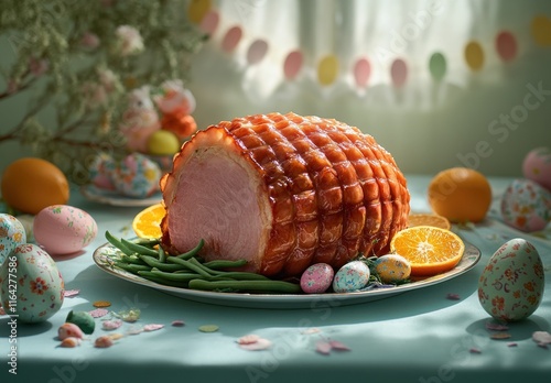 Festive Easter Ham Centerpiece Surrounded by Colorful Eggs, Green Beans, and Fresh Fruits on a Bright Table with Decorative Banners and Natural Light
