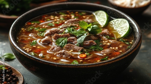 Savory bowl of beef noodle soup garnished with fresh herbs and lime wedge