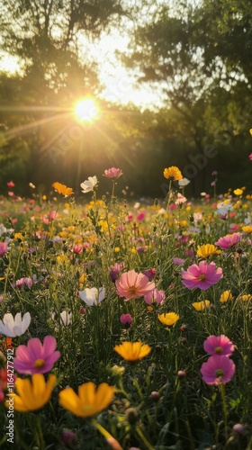 Colorful wildflower field with sunset glow in a serene landscape setting